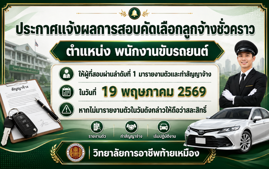 ประกาศแจ้งผลการสอบคัดเลือกลูกจ้างชั่วคราว ตำแหน่ง พนักงานขับรถยนต์  